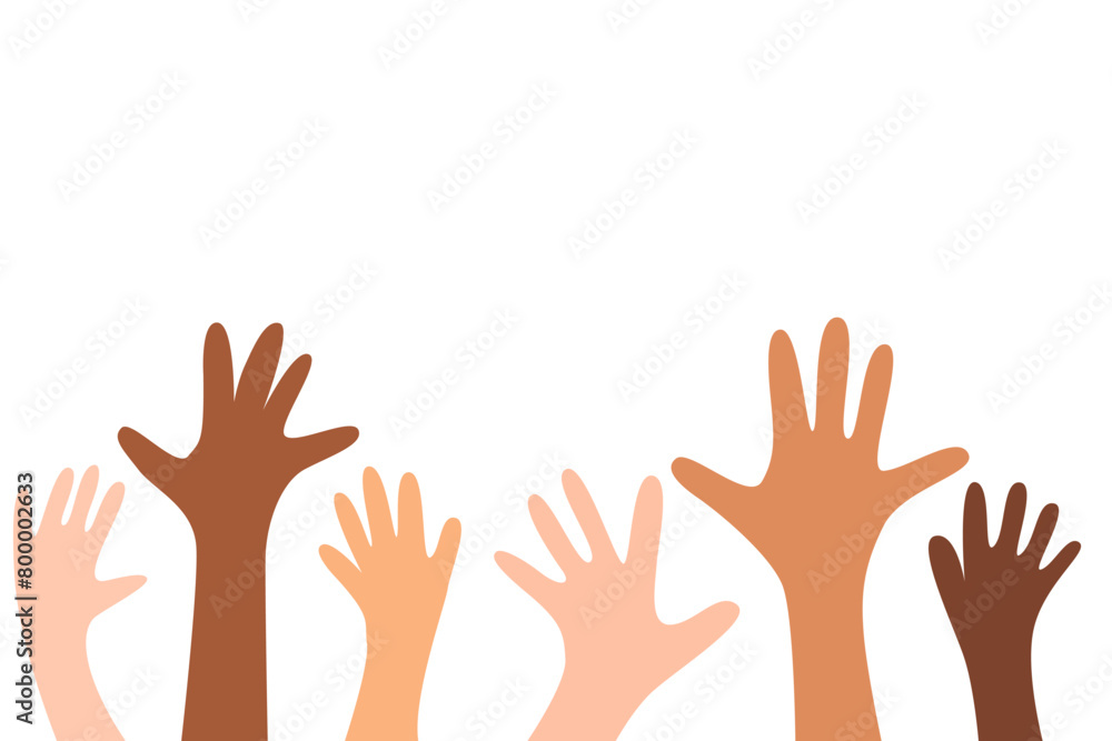 Set of different skin tone hands raised up. Set of different skin tone hands raised up.