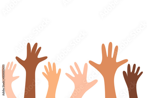 Set of different skin tone hands raised up.