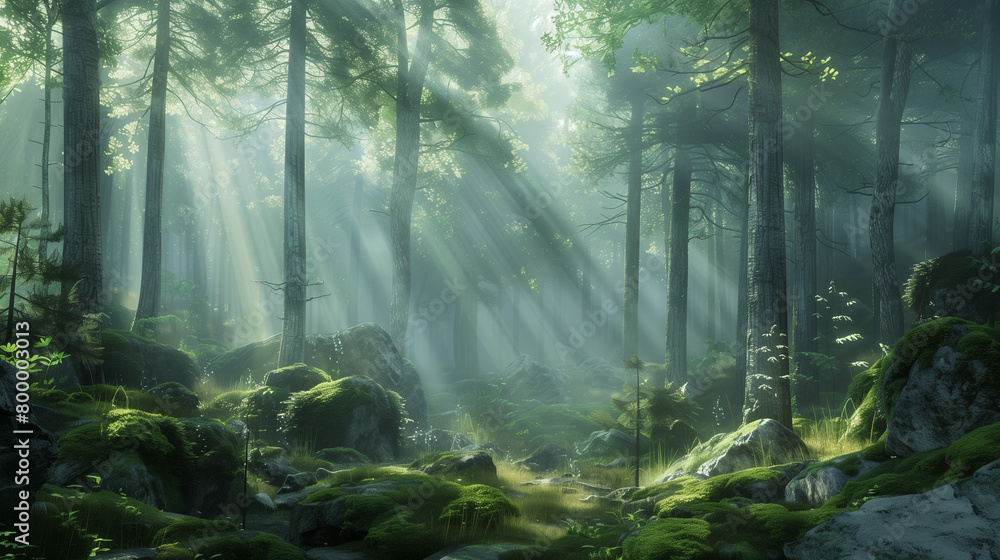 Misty Tranquility: A Serene Forest Scene with Fog-Covered Trees and Soft Sunlight - 16:9 Aspect Ratio