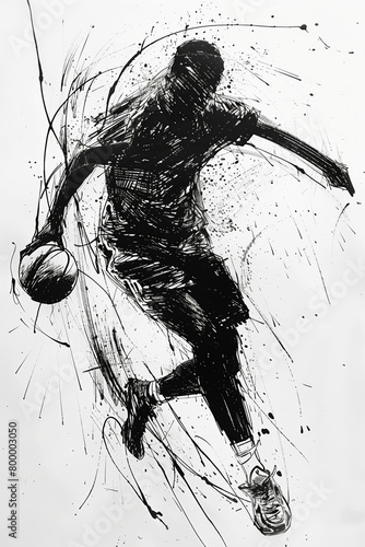 Abstract ink drawing of an athlete dribbling in action, capturing the energy of basketball