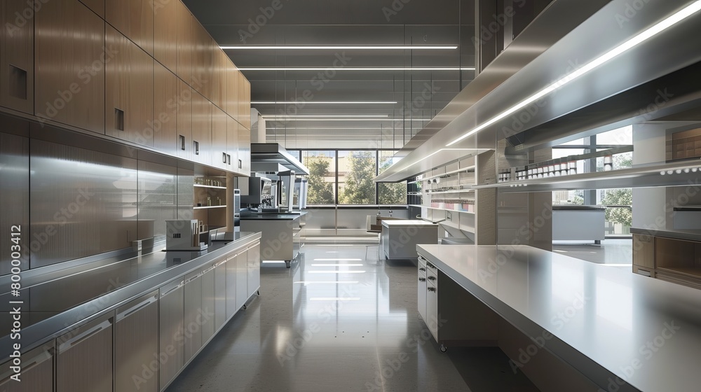 Naklejka premium Contemporary science laboratory interior design with futuristic features and equipment, clean and sleek aesthetic, technology integration - architectural concept for modern research facility