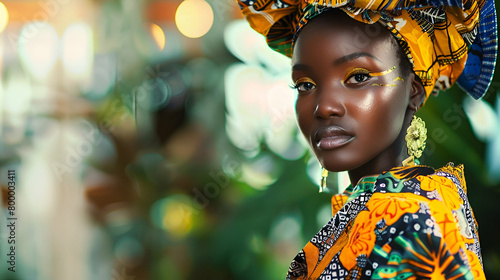 image of young african female fashionista posing in avant garde african clothes in a fashion show with out of focus back ground photo