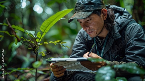 An ecologist studying biodiversity patterns in a tropical rainforest,Biodiversity survey plot showing species richness and abundance photo