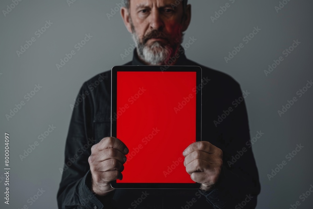 Application mockup caucasian man in his 50s holding a tablet with a completely red screen Application mockup caucasian man in his 50s holding a tablet with a completely red screen