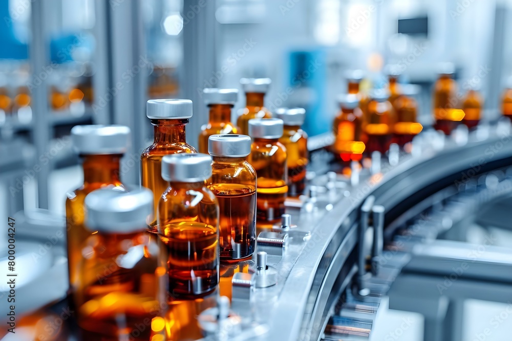 Pharmaceutical factory producing medical vials with automated production line for glass bottles. Concept Automated Production Line, Pharmaceutical Manufacturing, Medical Vials, Glass Bottles