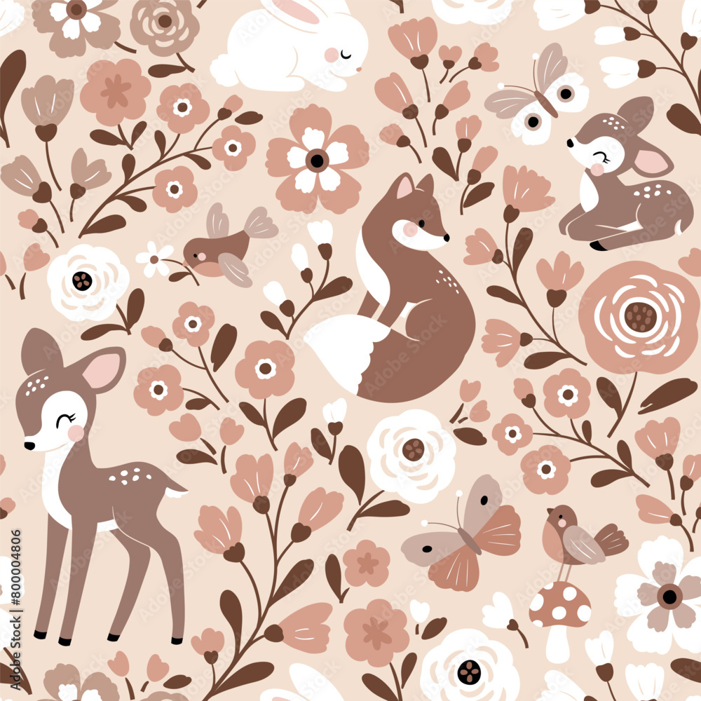 Seamless vector pattern with cute hand drawn woodland animals and flowers. Perfect for textile, wallpaper or print design.