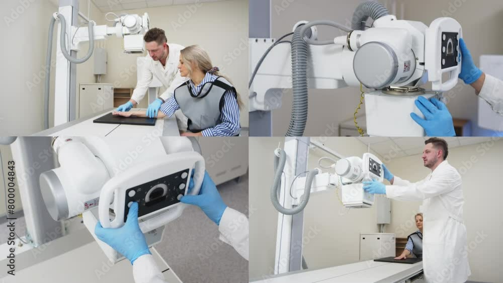 The doctor prepares the patient for an X-ray of the arm. Preparing for radiography. Examination of a broken or bruised arm. Medical examination, hospital trauma department. The doctor prepares the patient for an X-ray of the arm. Preparing for radiography. Examination of a broken or bruised arm. Medical examination, hospital trauma department.