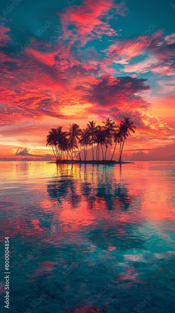 A panorama of a tropical island at sunset, capturing fiery colors painting the sky, palm trees silhouetted against the horizon