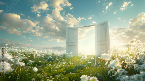 A conceptual image depicting a pair of wide-open white doors standing in the midst of a lush field blanketed with vibrant white spring flowers, symbolizing new beginnings and endless possibilities photo