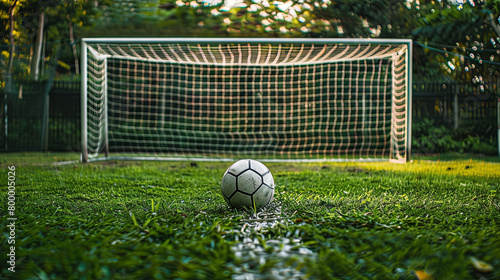 The soccer ball confidently finds its way into the net, scoring a goal in a tense game photo