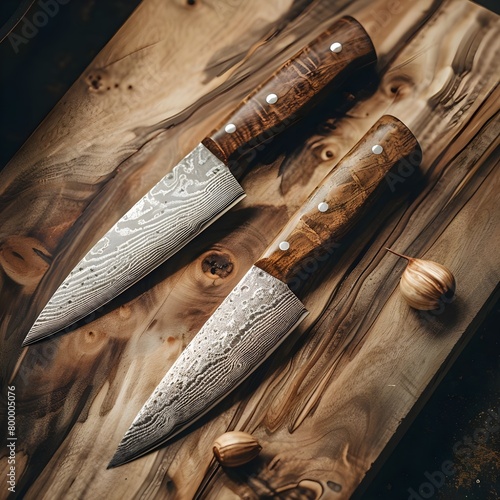 Hunting damascus steel knives handmade on wooden background
 photo