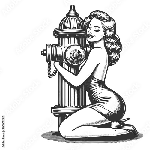 pin-up girl playfully posing with a classic fire hydrant sketch engraving generative ai fictional character raster illustration. Scratch board imitation. Black and white image.