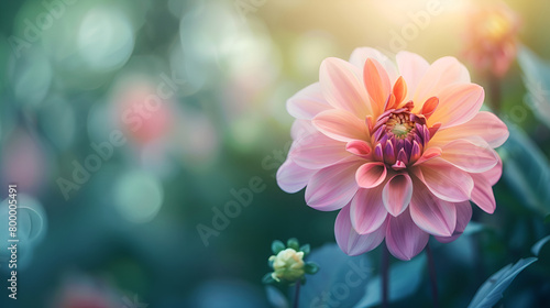 A beautiful dahlia in the sunlight, filled with warmth and joy, frozen in a moment of aesthetic magic, blooming colorful Dahlia flower, close-up of orange with yellow Dahlia flower blooming 
