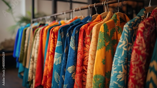 A close-up of colorful ethnic clothing with intricate patterns hanging side by side..