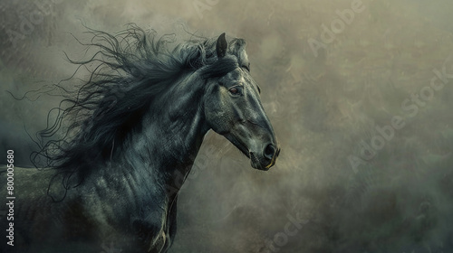 A beautiful black horse with a long flowing mane is running through a field