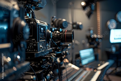 Media production cameras in a recording studio set for action. Concept Media Production Cameras, Recording Studio, Action Shots, Film Equipment, Set Design