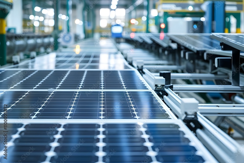 Image of solar panel production line with automated assembly technicians creating panels. Concept Solar Panel Manufacturing, Automated Assembly, Technicians at Work, Production Line Image of solar panel production line with automated assembly technicians creating panels. Concept Solar Panel Manufacturing, Automated Assembly, Technicians at Work, Production Line