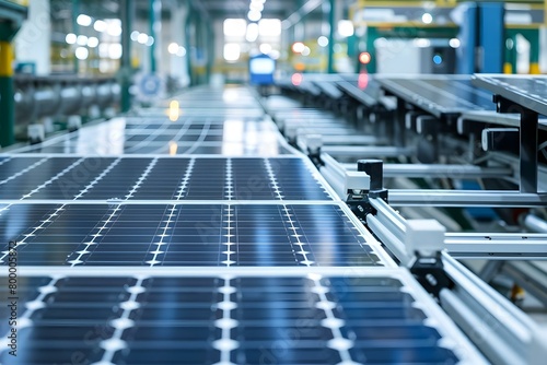 Image of solar panel production line with automated assembly technicians creating panels. Concept Solar Panel Manufacturing, Automated Assembly, Technicians at Work, Production Line
