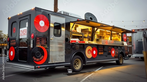 Retro vinyl record-themed taco truck with vinyl record menu boards, retro decor, and live music. © Basharat