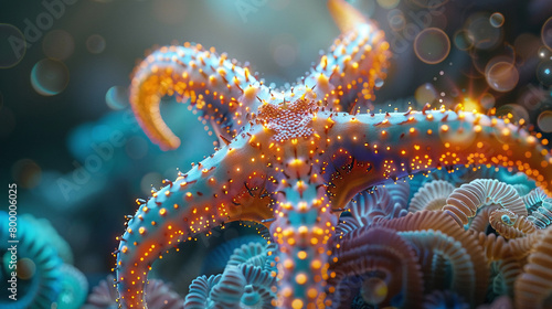 A beautiful starfish with glowing orange and blue colors sits on a coral reef photo