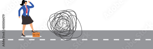 Businesswoman tries to find exit from complicated path