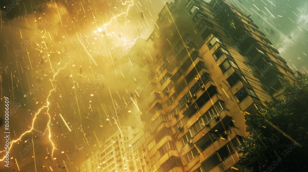 Obraz premium A graphic representation of a lightning strike and tips on how to stay safe during a thunderstorm including avoiding tall objects and taking shelter in a building..