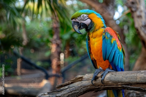 Macaw parrot with dazzling rainbow plumage, perched on a weathered branch