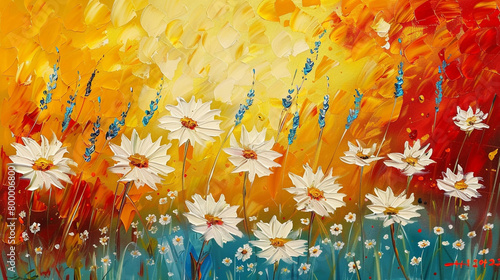 Abstract spring flowers under a dramatic sky in bold, impressionistic oil strokes.