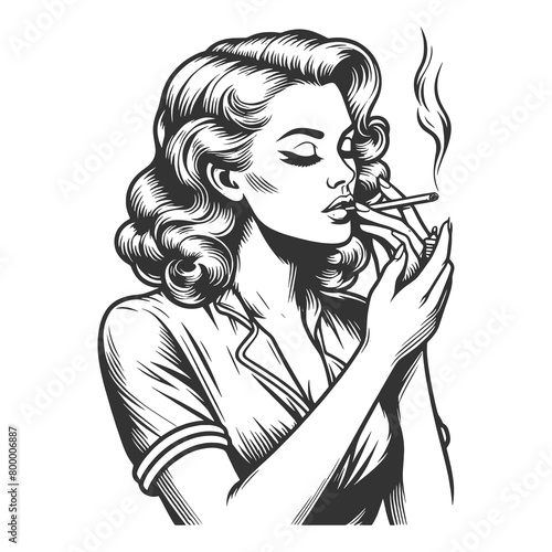 woman in a relaxed pose, smoking a cigarette sketch engraving generative ai fictional character raster illustration. Scratch board imitation. Black and white image.