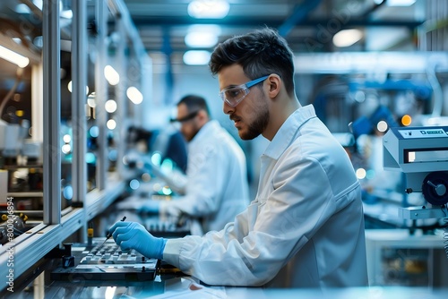 Engineers and scientists operate modern machinery in a hightech manufacturing plant. Concept Engineering, Manufacturing, High-Tech, Machinery, Science