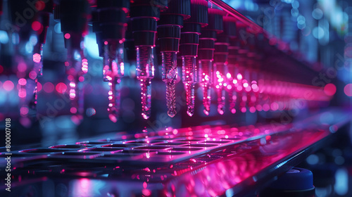 A close up of a machine that is dispensing a liquid into a tray. The machine is surrounded by a blue light, and the liquid is a bright pink.