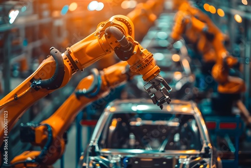Robotic arms working in a car factory assembly line for car production. Concept Robotic arms, Car factory, Assembly line, Car production, Automation technologies