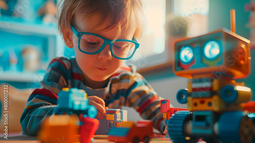 Niño con gafas jugando con Robot de Juguete