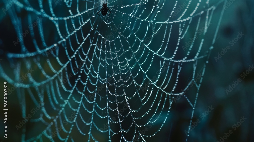 Fototapeta premium Spiderweb texture, delicate silk threads, shimmering with dew