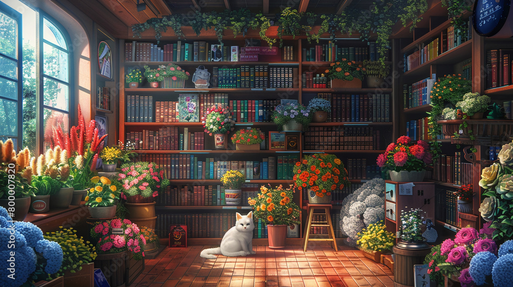 A cozy library filled with flowers and a white cat sitting in the middle