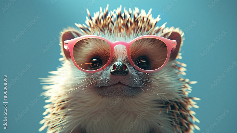A cute hedgehog wearing pink glasses is looking at the camera with a curious expression