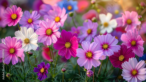 A close-up of delicate cosmos flowers in shades of pink  white  and purple  their petals resembling delicate brushes