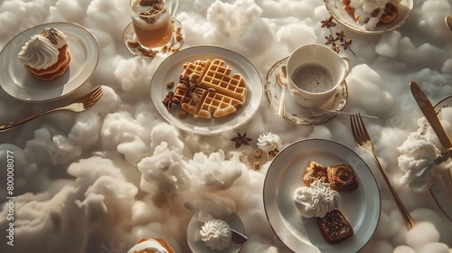 Dreamy breakfast set up on a fluffy cloud bed with a stunning sunrise view