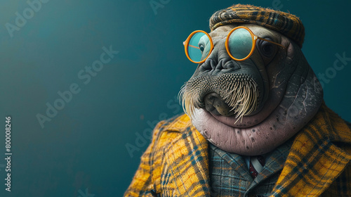 A dapper walrus wearing a tweed jacket and glasses photo