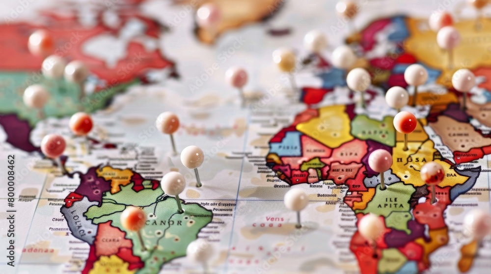 Colorful pushpins on a world map highlighting global locations