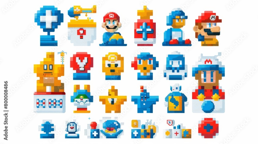 Colorful collection of video game-inspired pixel art icons featuring whimsical characters