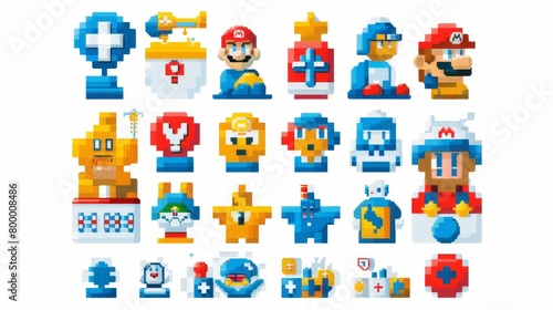 Colorful collection of video game-inspired pixel art icons featuring whimsical characters © Yusif