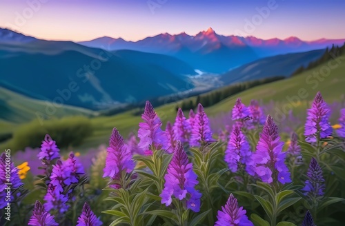 Purple flowers in foreground, mountains & valley in background 