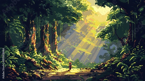 Pixelated Traveler Navigating Lush Verdant Forest with Warm Sunlight Streaming Through Canopy