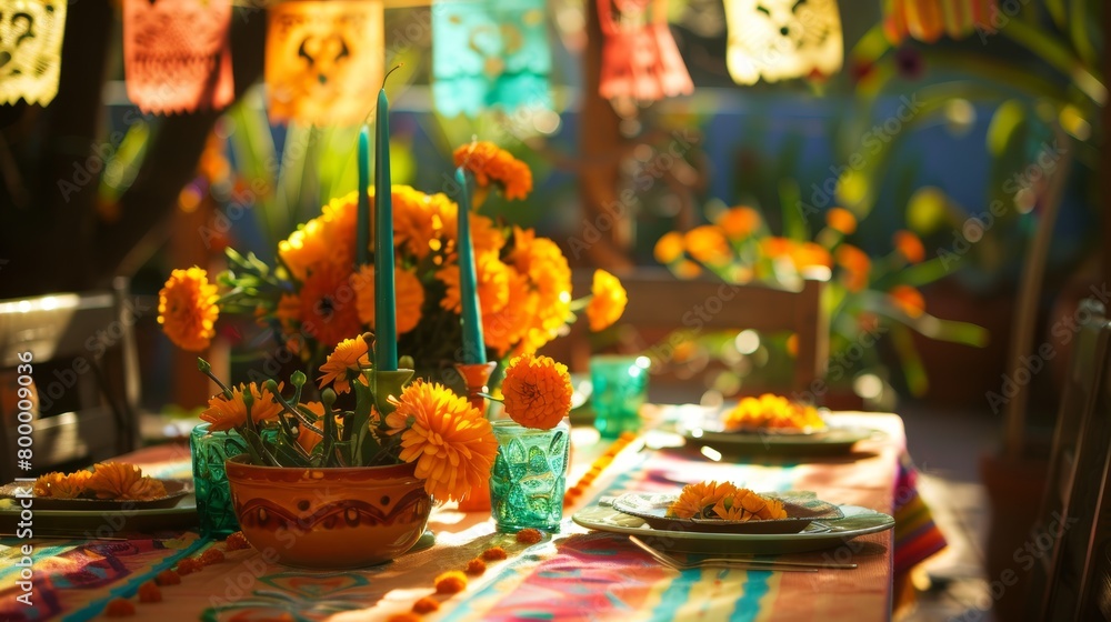 Warm mexican table setting with marigolds Cinco De Mayo