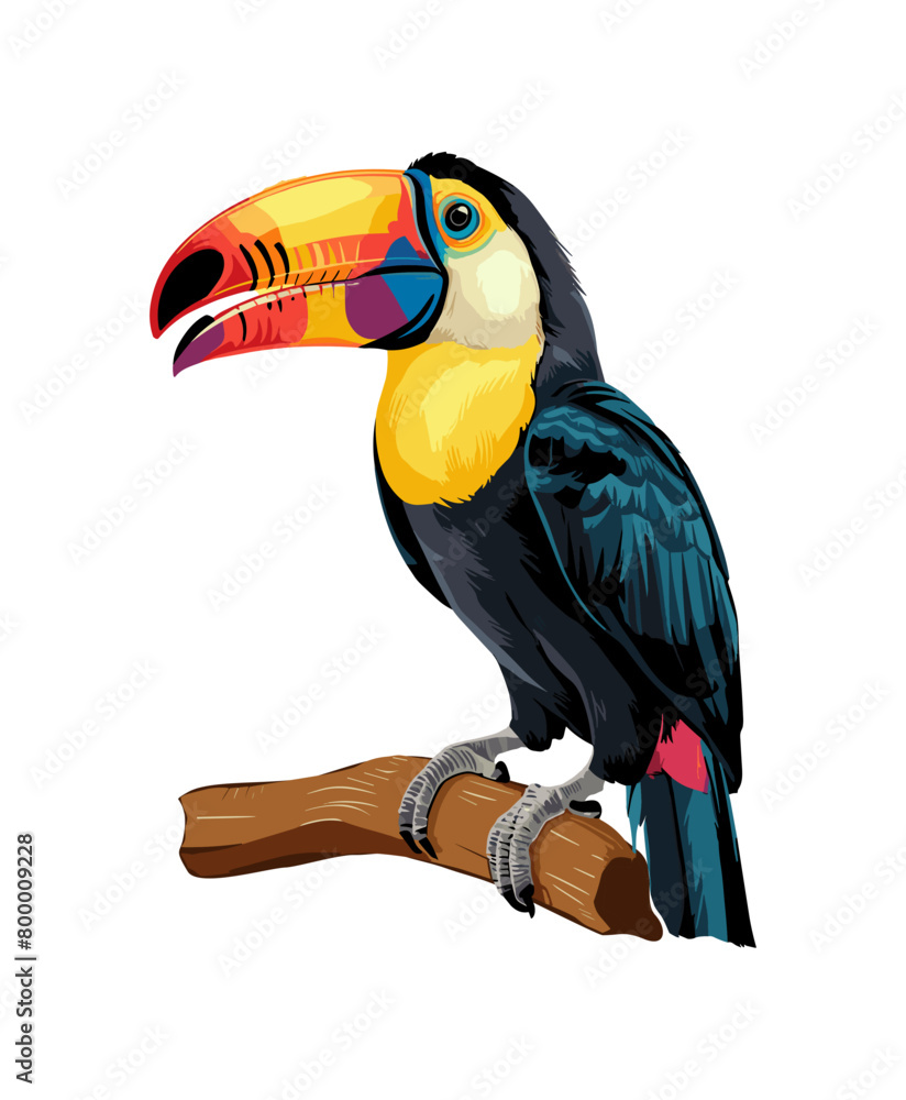 Naklejka premium A colorful exotic bird, toucan, parrot with a long beak is perched on a branch. The bird's bright colors and unique beak make it stand out against the white background. Cartoon vector illustration.
