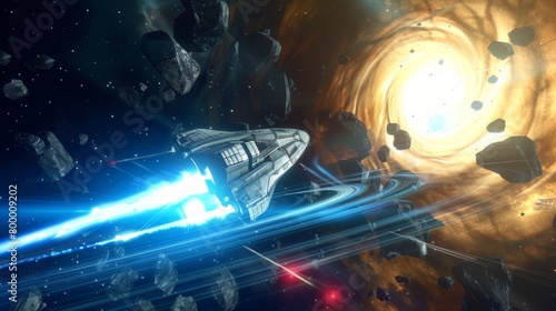 Intense space battle amidst rocky debris in a fiery alien world