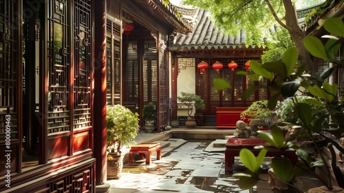 Traditional Chinese courtyard house with red lacquer furniture, courtyard garden, and wooden screens.
