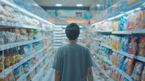 Young person seen from behind, contemplating various products in the brightly lit aisle of a grocery store.