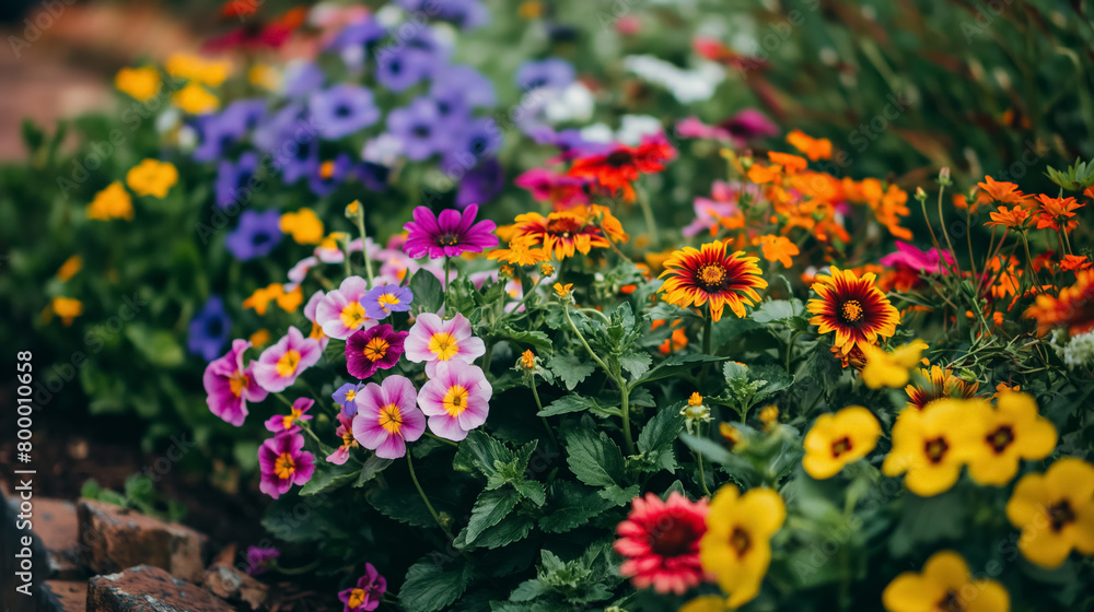 Colorful flowerbed full of various blooming flowers, showcasing a vibrant display of flora.